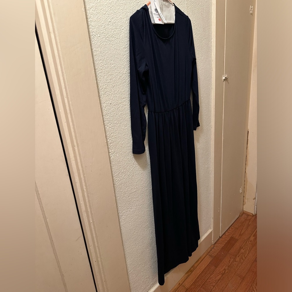 Merokeety Dress Navy Polyester Long Sleeve Cinched Waist Maxi Size Medium NWT
